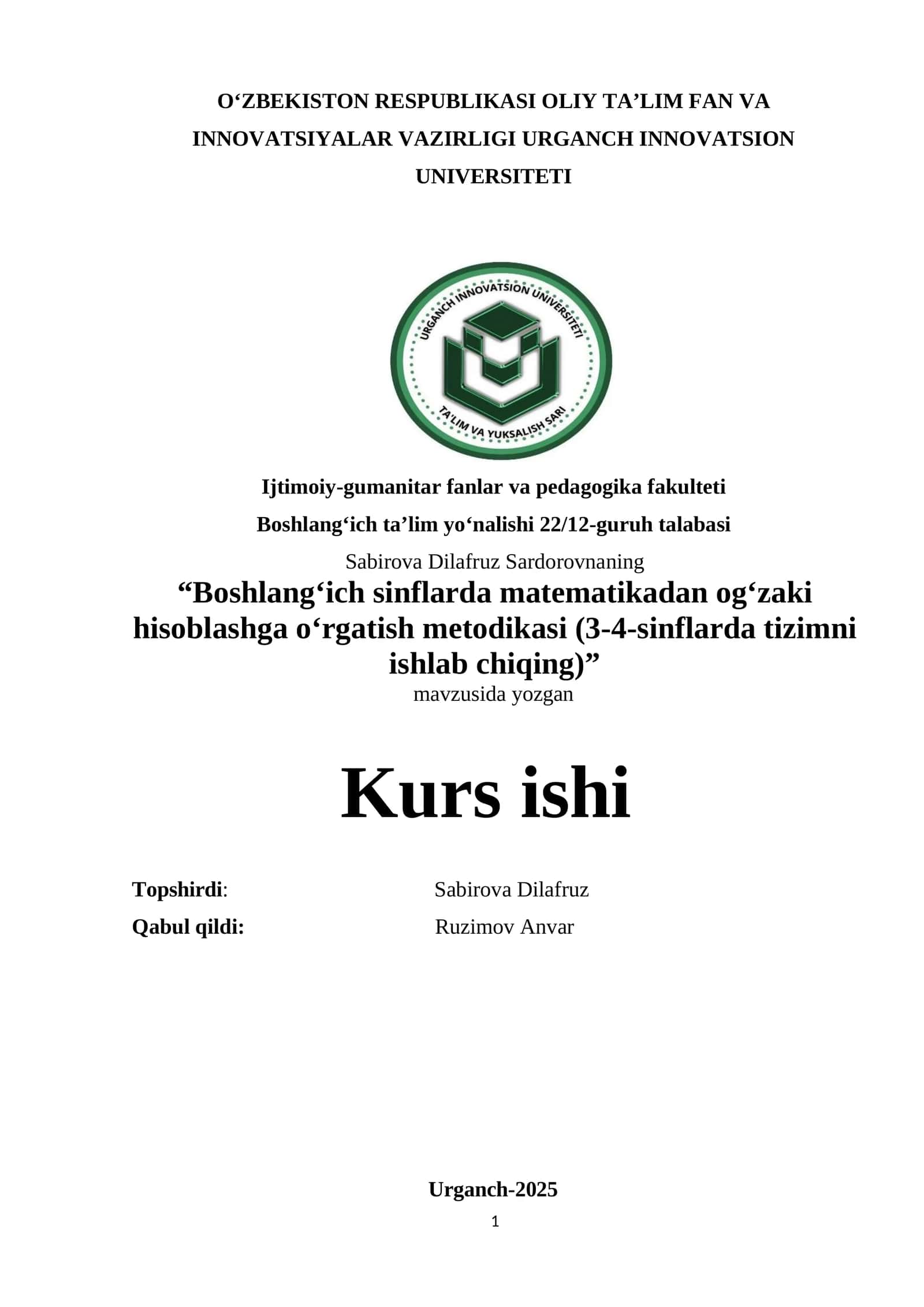 Boshlang‘ich sinflarda matematikadan og‘zaki hisoblashga o‘rgatish metodikasi (3-4-sinflarda tizimni ishlab chiqing) 1