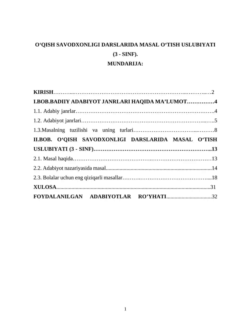 OʻQISH SAVODXONLIGI DARSLARIDA MASAL OʻTISH USLUBIYATI (3 - SINF) 1