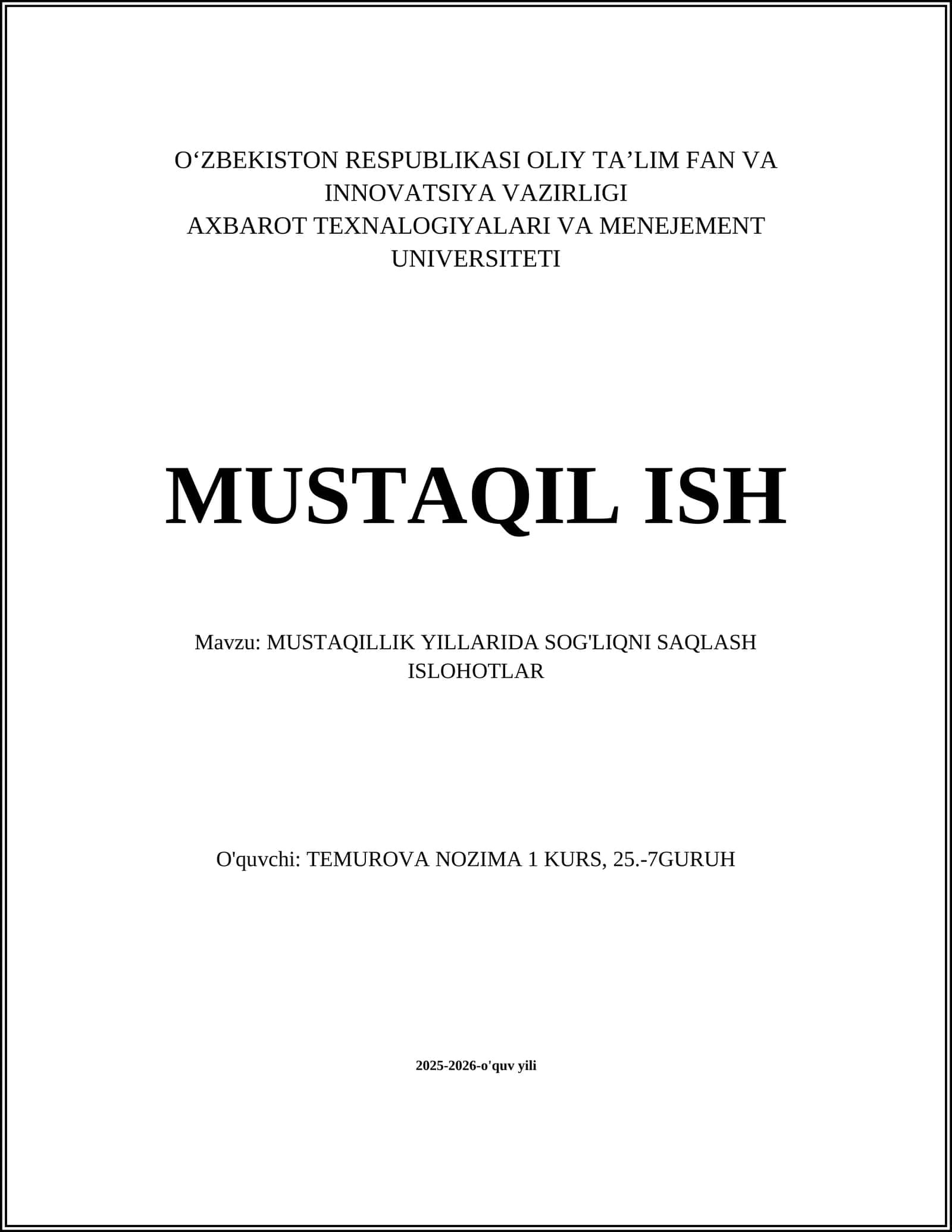 MUSTAQILLIK YILLARIDA SOG'LIQNI SAQLASH ISLOHOTLAR 1