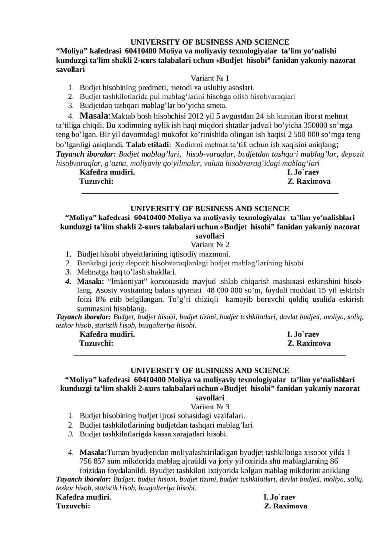Budjet hisobi (Variant № 1) 1