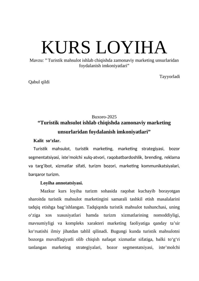Turistik Mahsulot Ishlab Chiqishda Zamonaviy Marketing Unsurlaridan Foydalanish Imkoniyatlari 1