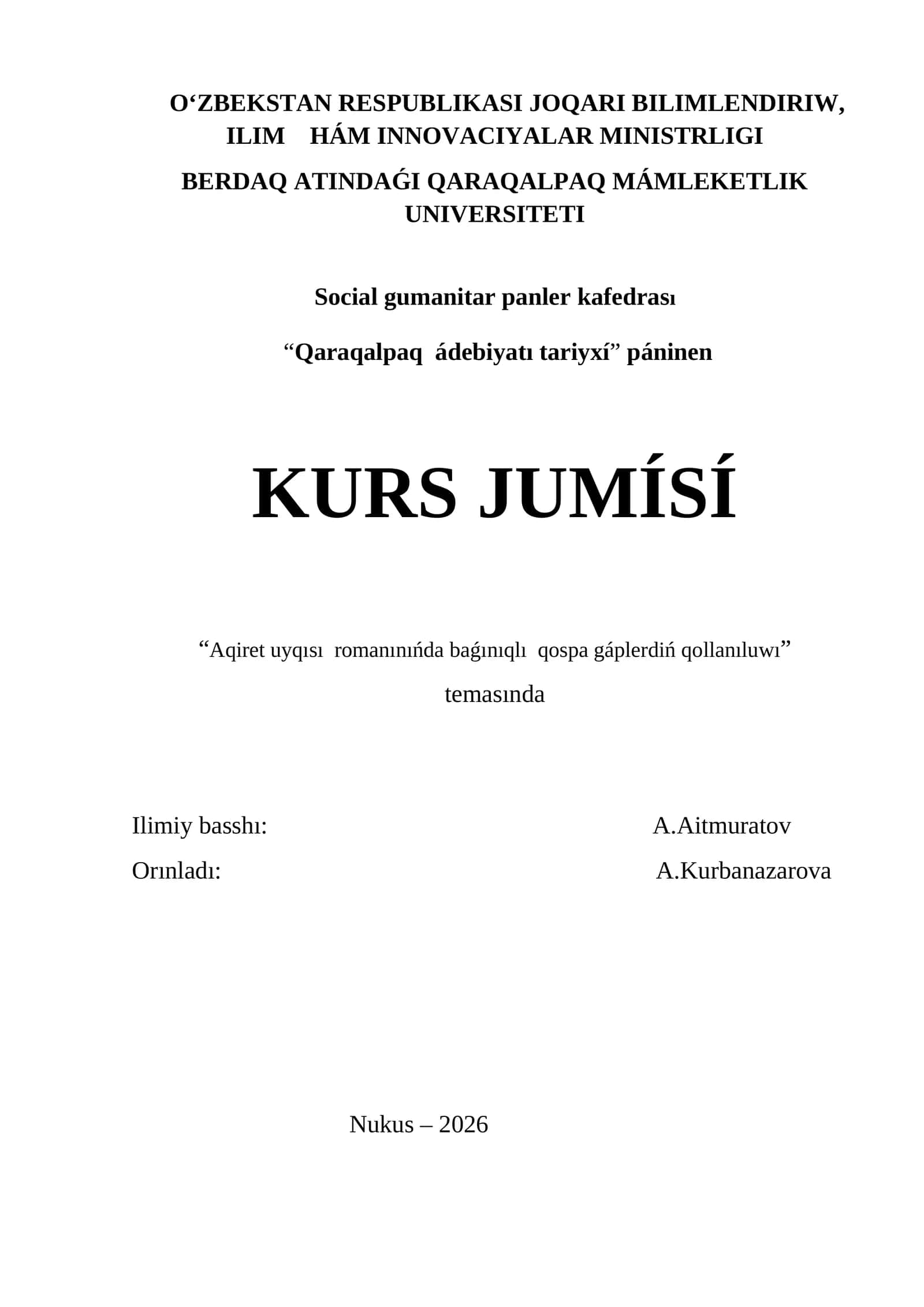 Aqiret uyqısı romanınıńda baǵınıqlı qospa gáplerdiń qollanıluwı 1