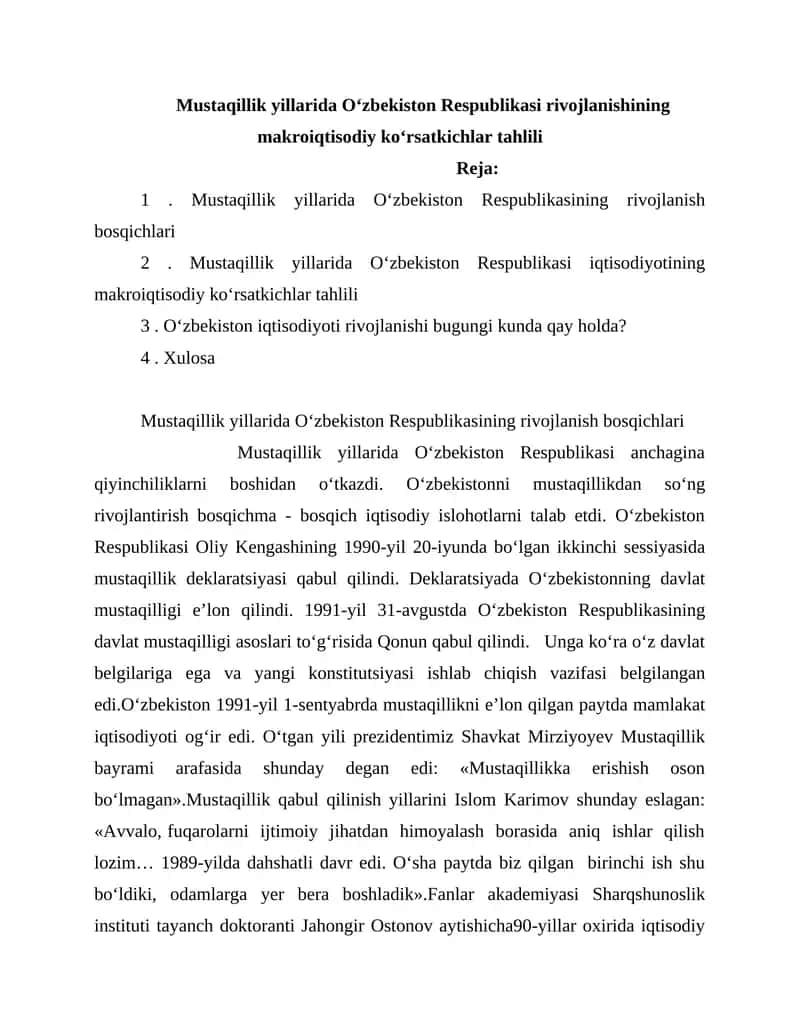 Mustaqillik yillarida Oʻzbekiston Respublikasi rivojlanishining makroiqtisodiy koʻrsatkichlar tahlili 1