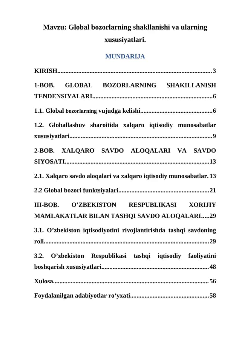 Global bozorlarning shakllanishi va ularning xususiyatlari. 1