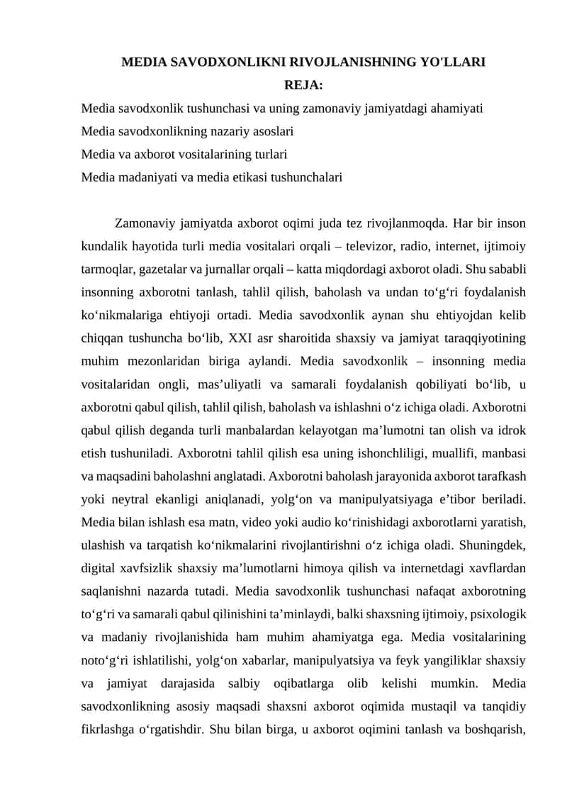 MEDIA SAVODXONLIKNI RIVOJLANISHNING YO'LLARI 1