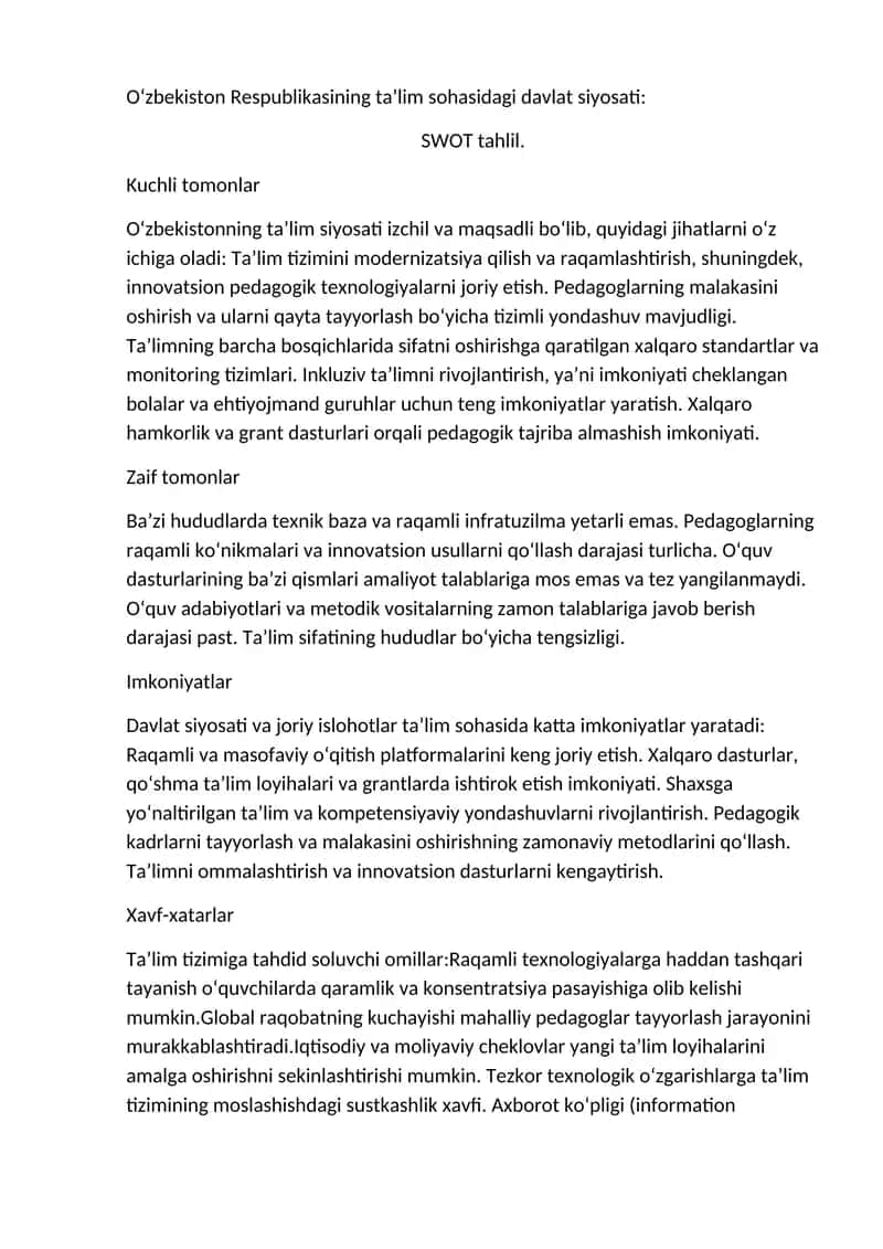 O‘zbekiston Respublikasining ta’lim sohasidagi davlat siyosati: SWOT tahlil 1