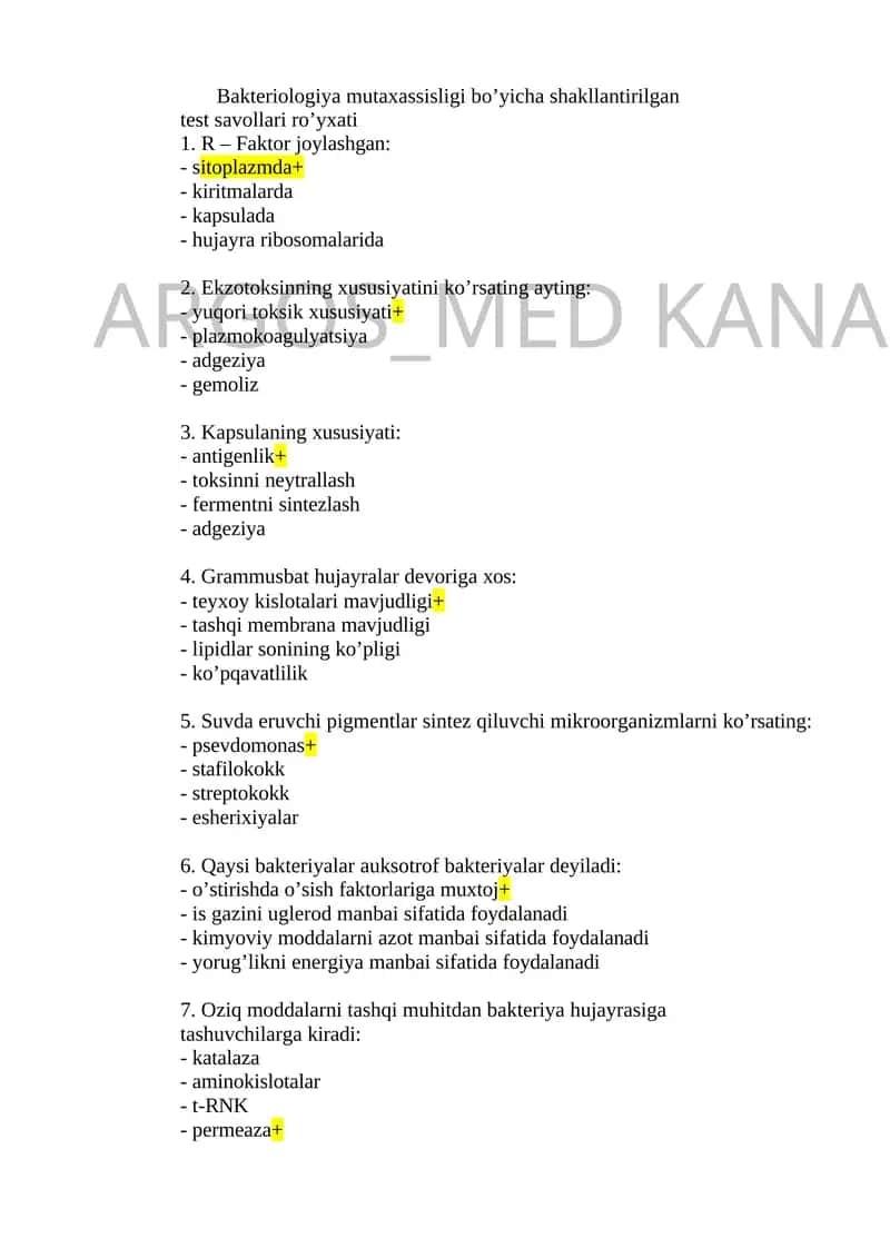 Bakteriologiya mutaxassisligi bo’yicha shakllantirilgan test savollari ro’yxati 1