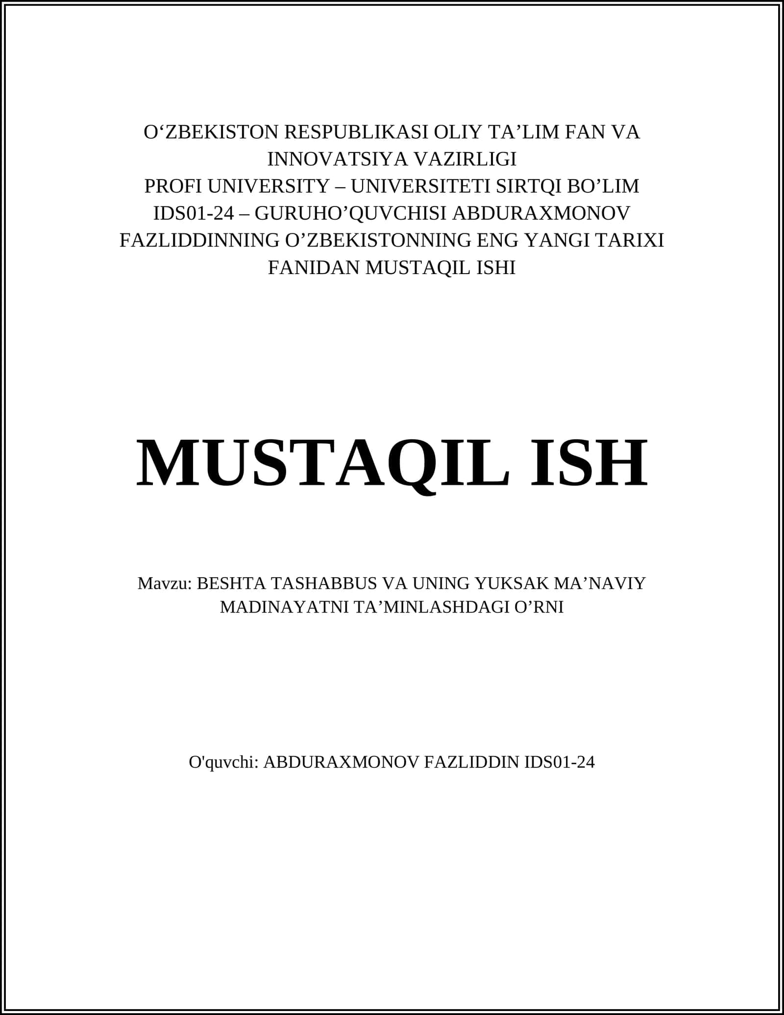 BESHTA TASHABBUS VA UNING YUKSAK MA’NAVIY MADINAYATNI TA’MINLASHDAGI O’RNI 1