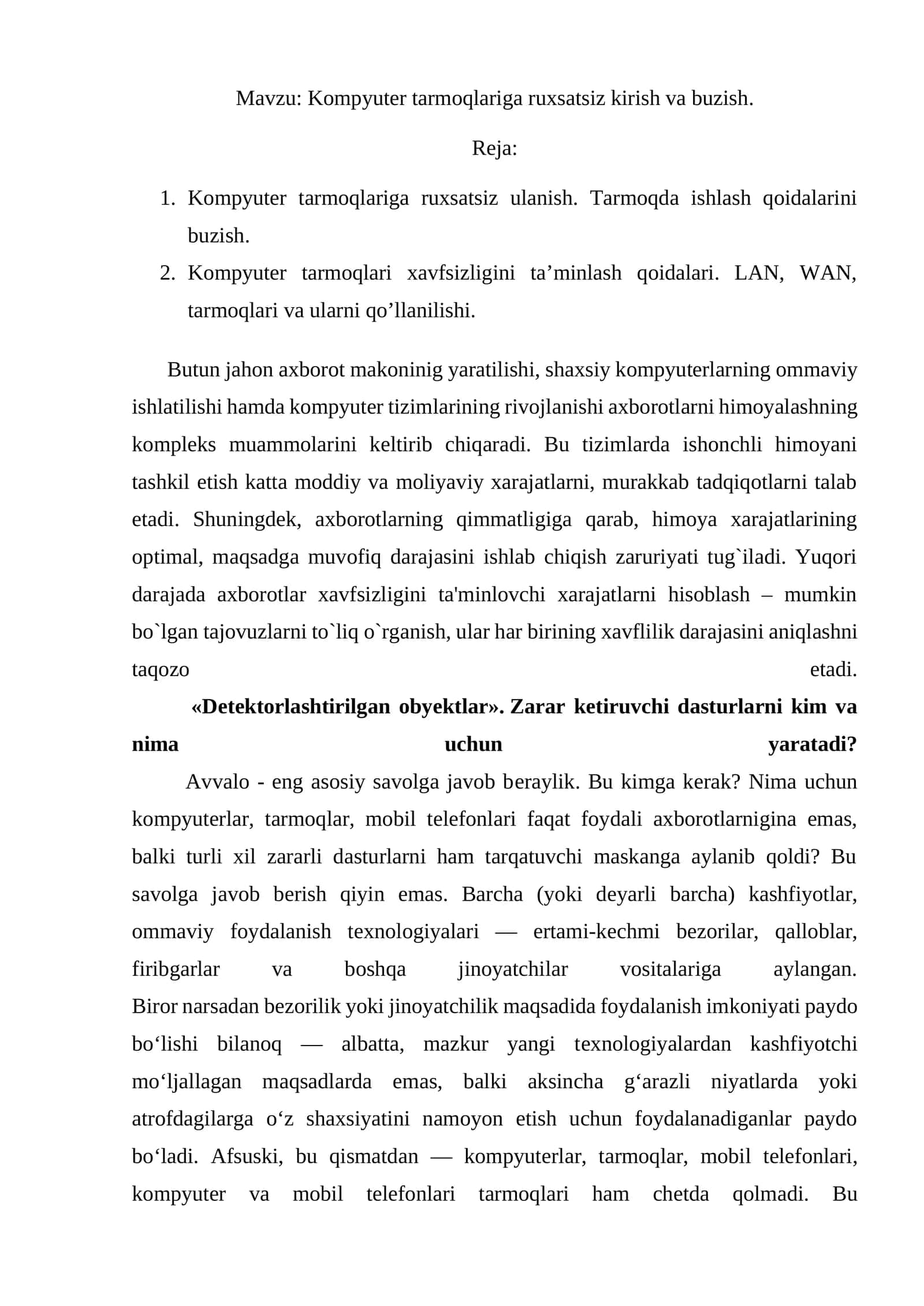 Kompyuter tarmoqlariga ruxsatsiz kirish va buzish 1