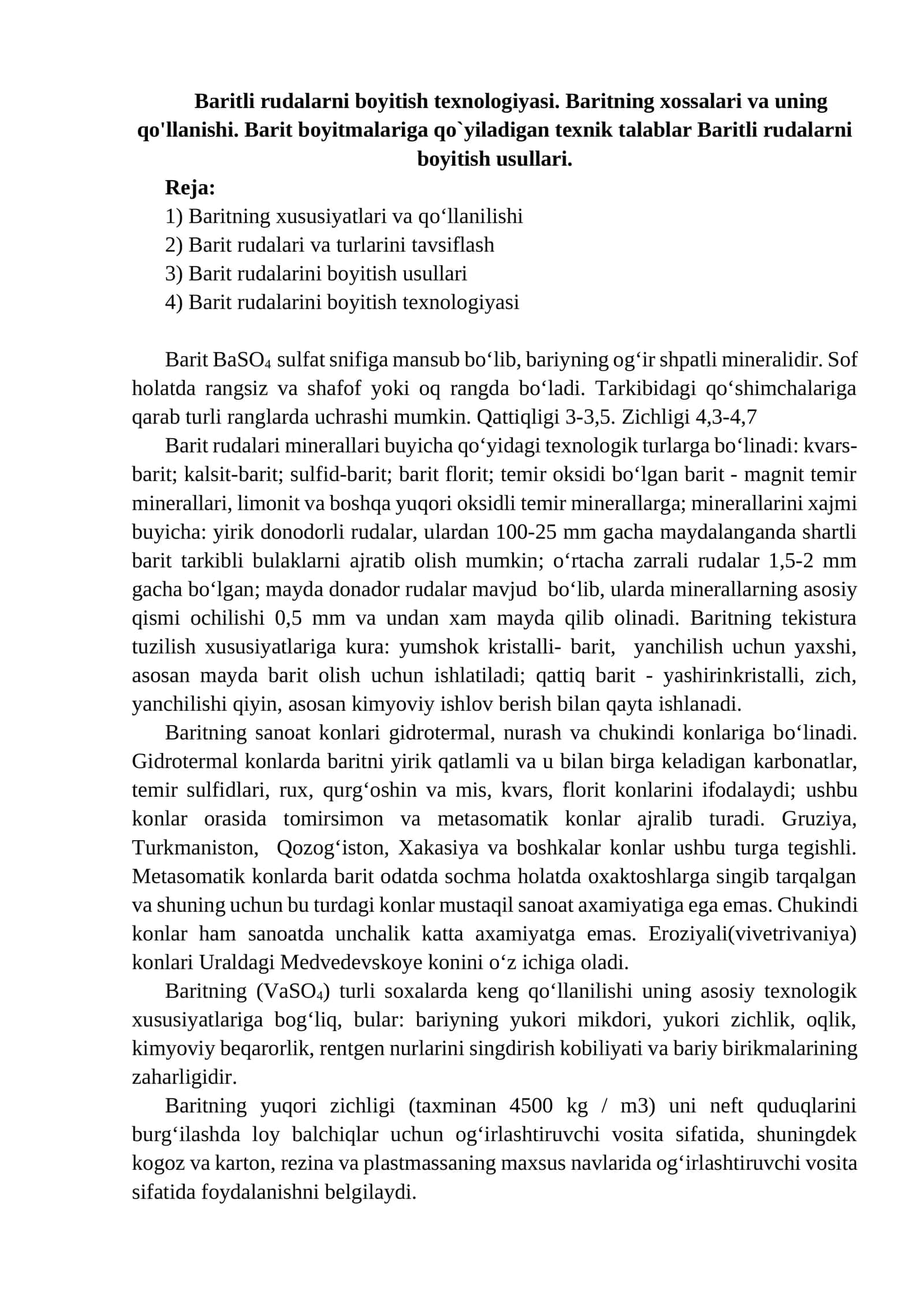 Baritli rudalarni boyitish texnologiyasi 1