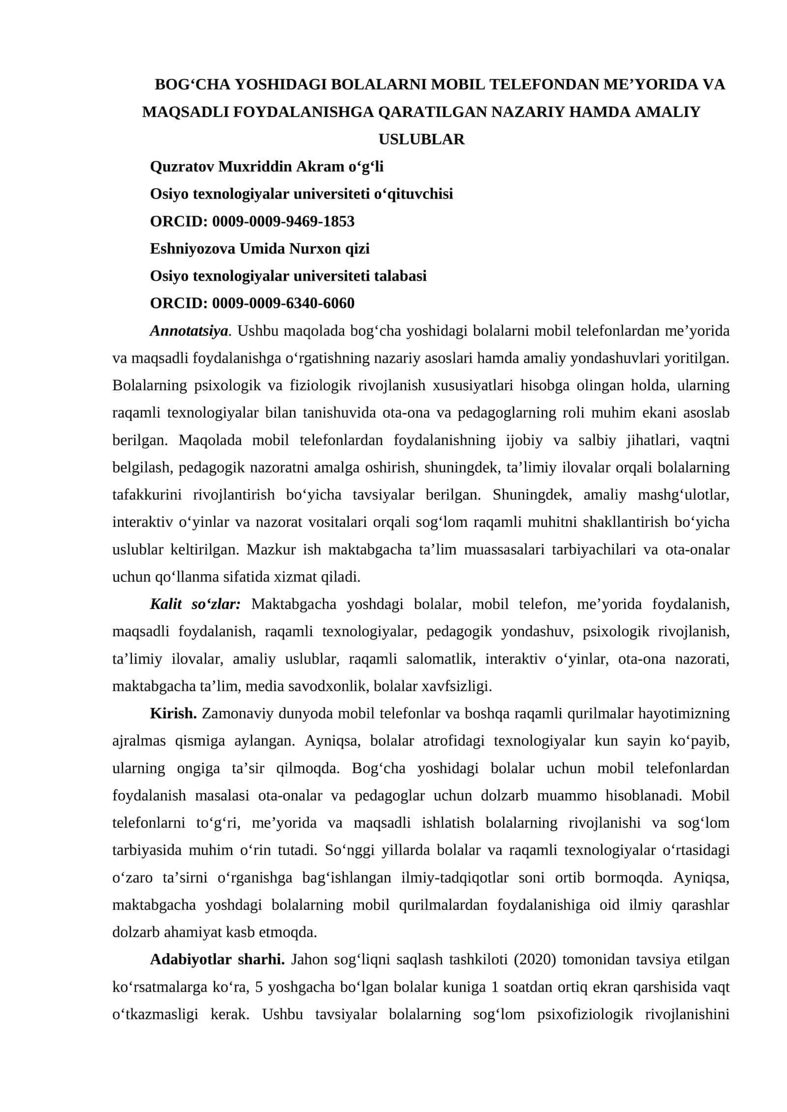 BOG‘CHA YOSHIDAGI BOLALARNI MOBIL TELEFONDAN ME’YORIDA VA MAQSADLI FOYDALANISHGA QARATILGAN NAZARIY HAMDA AMALIY USLUBLAR 1