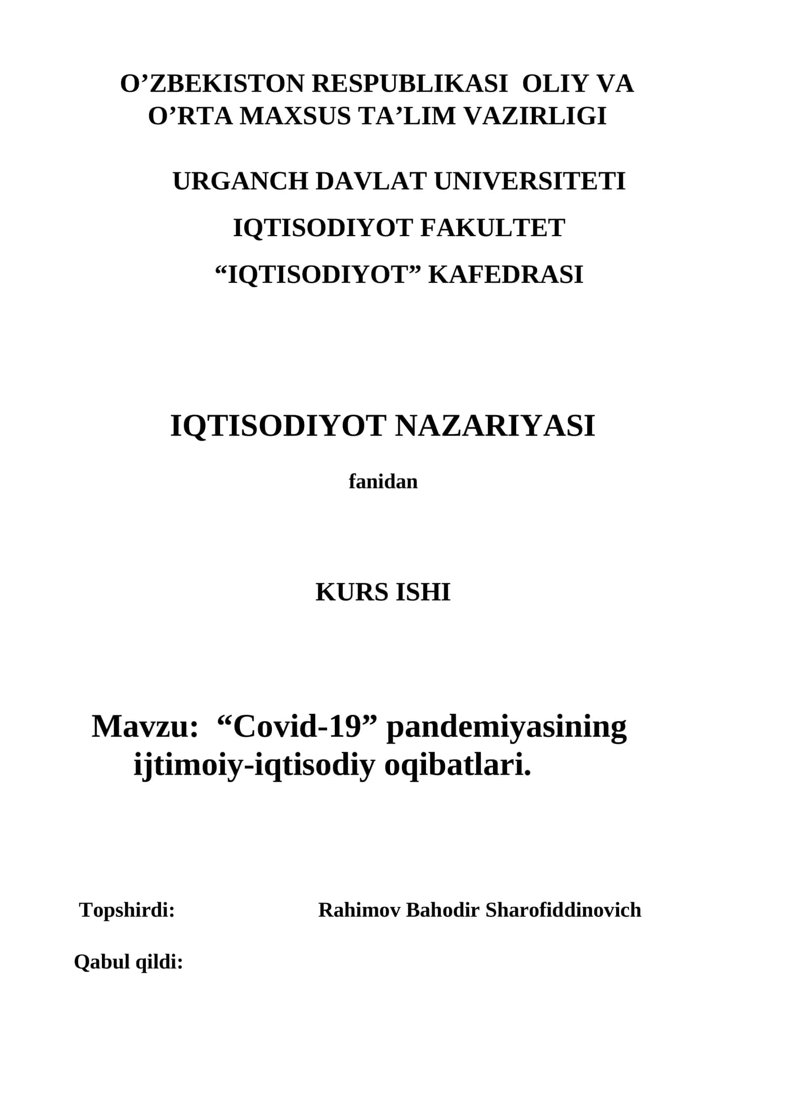 “Covid-19” pandemiyasining ijtimoiy-iqtisodiy oqibatlari 1