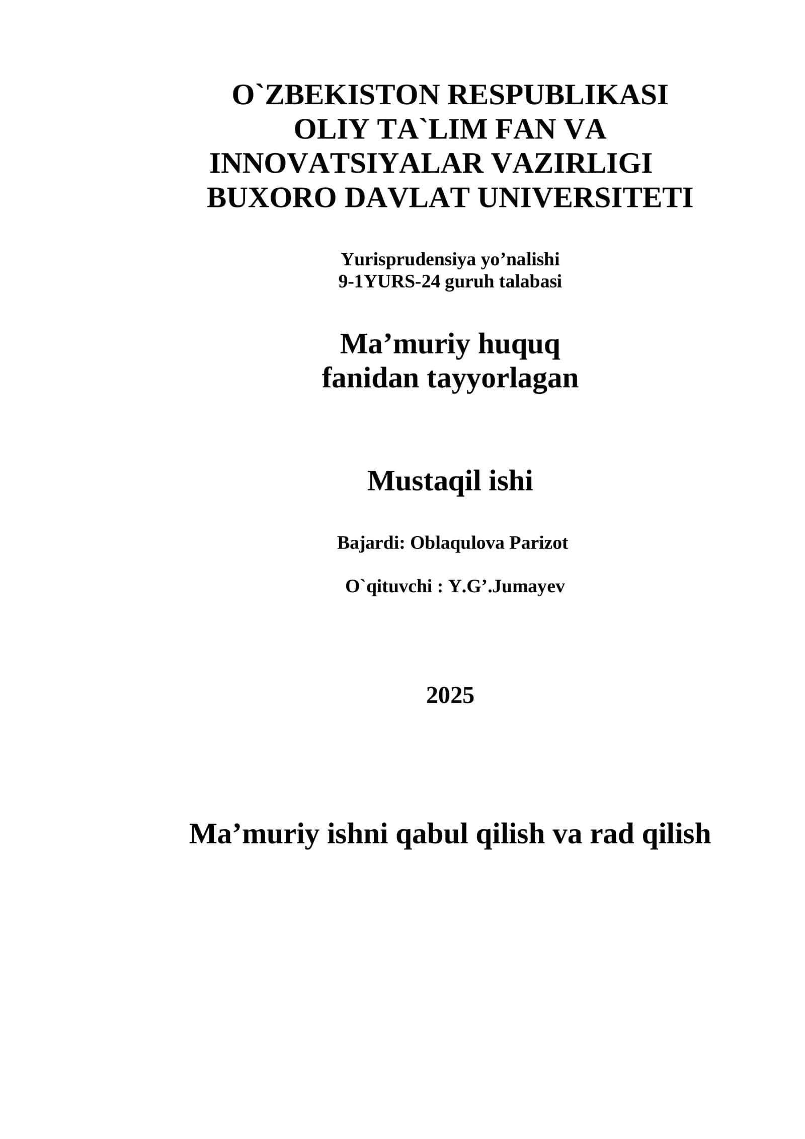 Ma’muriy ishni qabul qilish va rad qilish 1