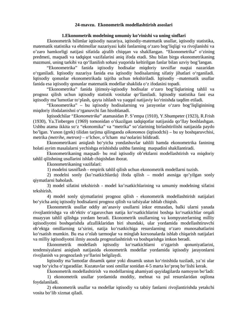 Ekonometrik modellashtirish asoslari 1