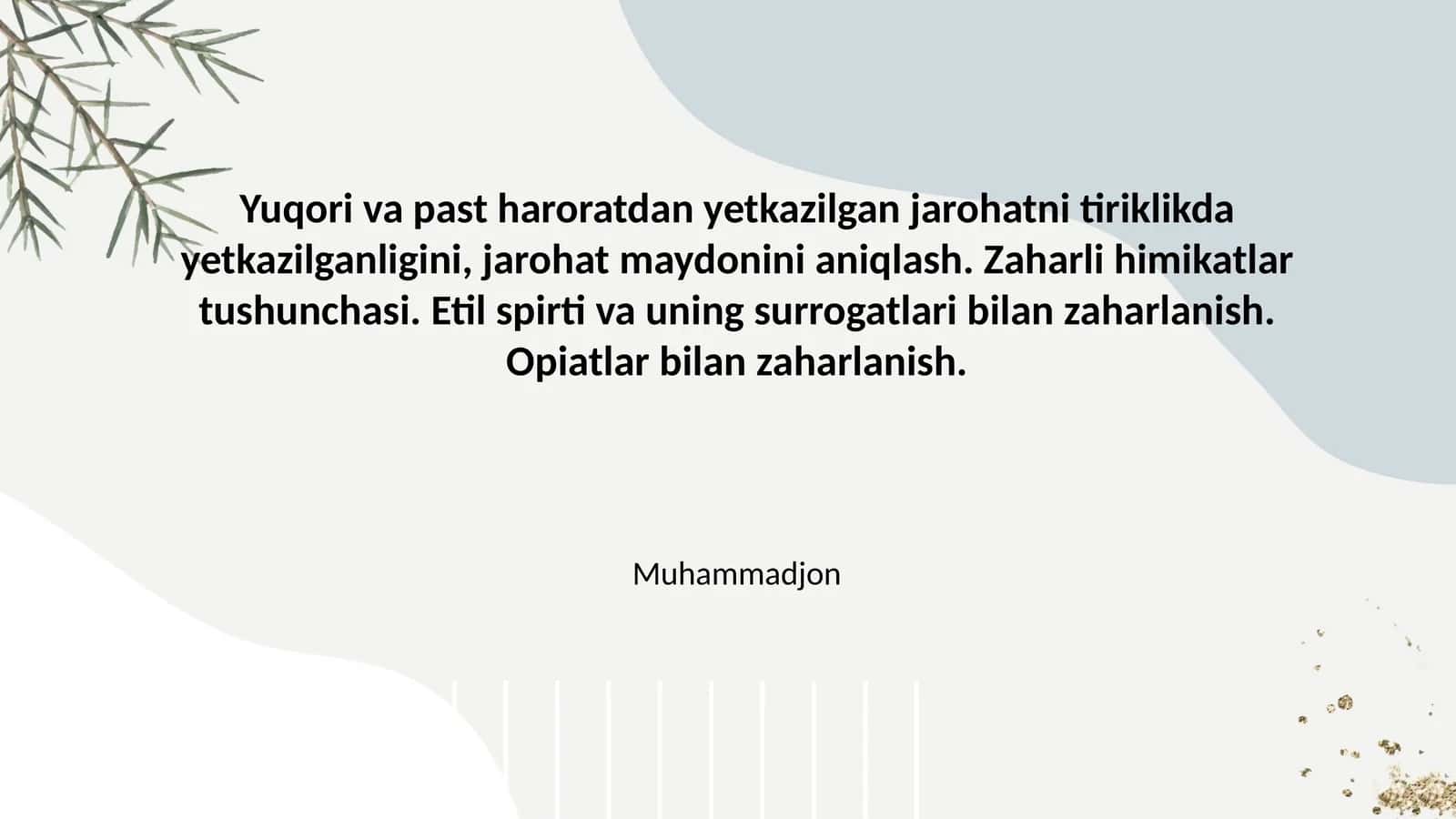 Zaharli kimyoviy moddalar bilan zaharlanishning umumiy tushunchasi va klassifikatsiyasi 1
