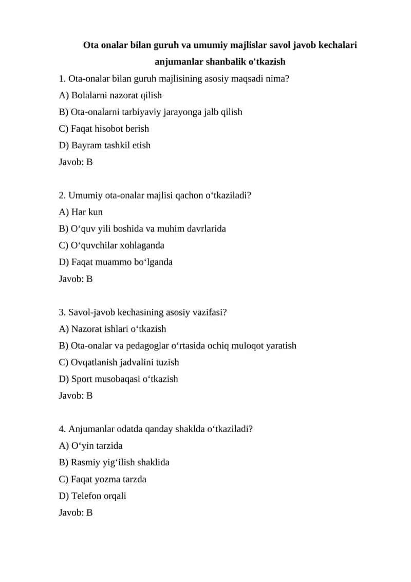 Savol-javob kechalari anjumanlar shanbalik o'tkazish 1