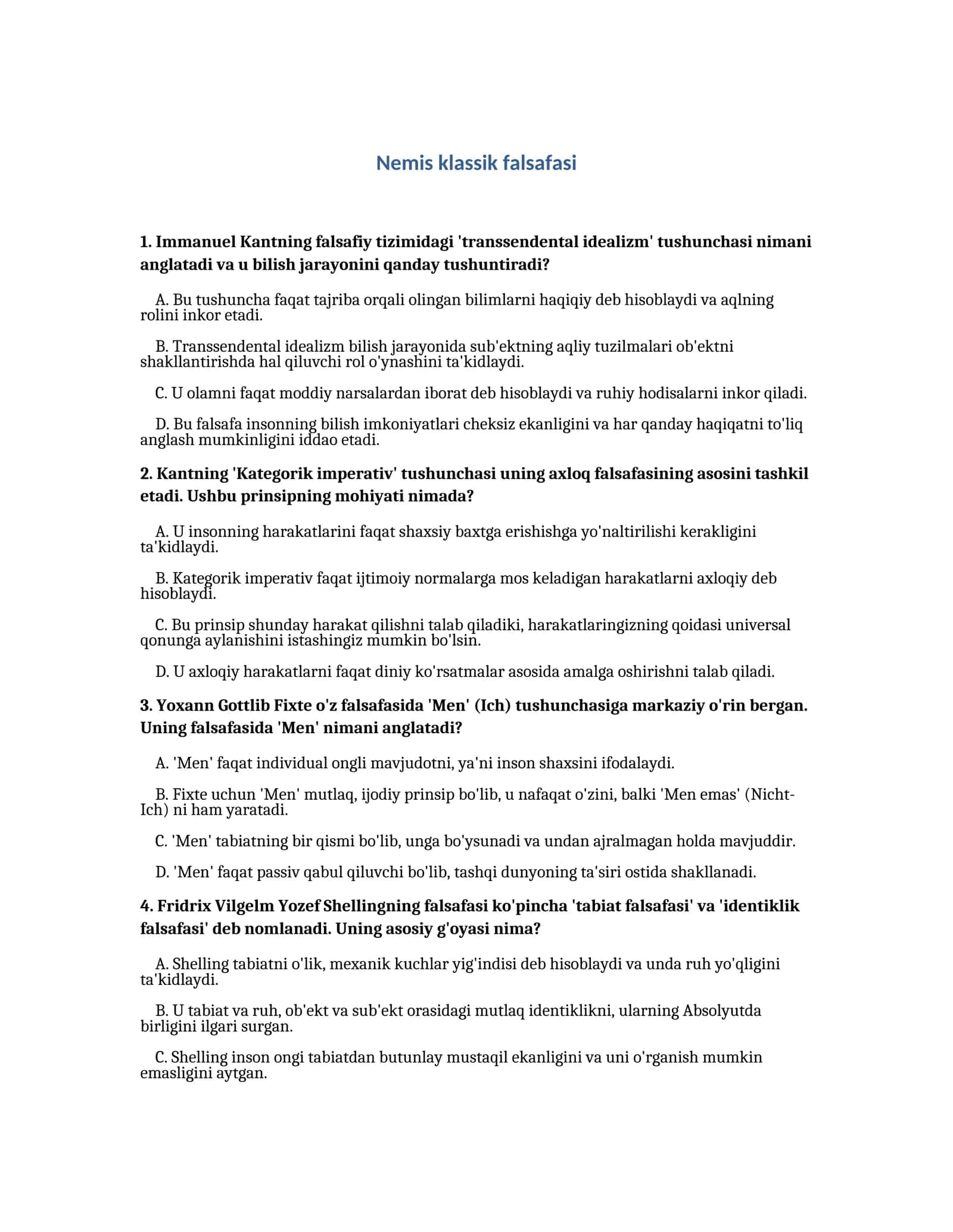 Nemis klassik falsafasi test 1