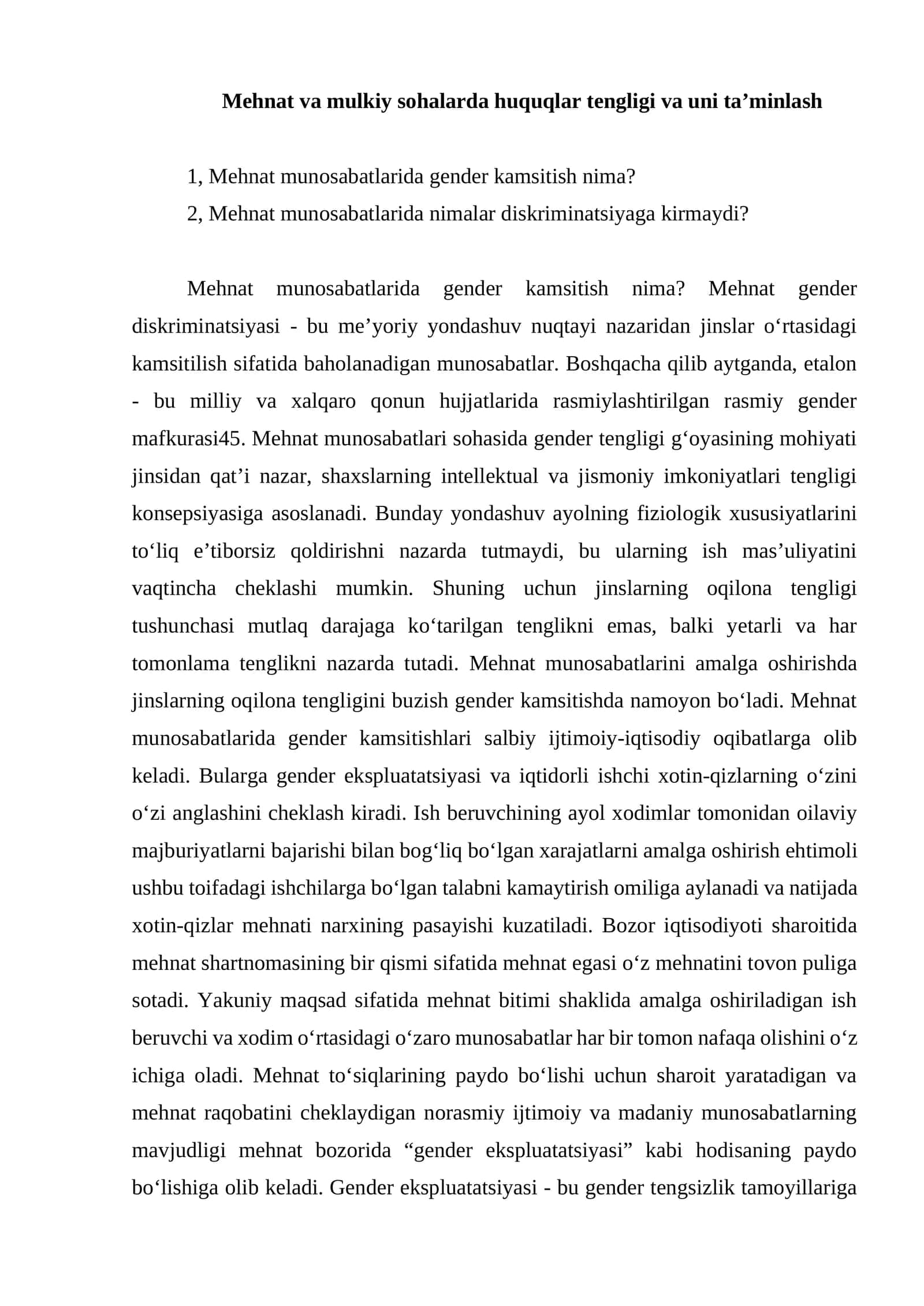 Mehnat va mulkiy sohalarda huquqlar tengligi va uni ta’minlash 1