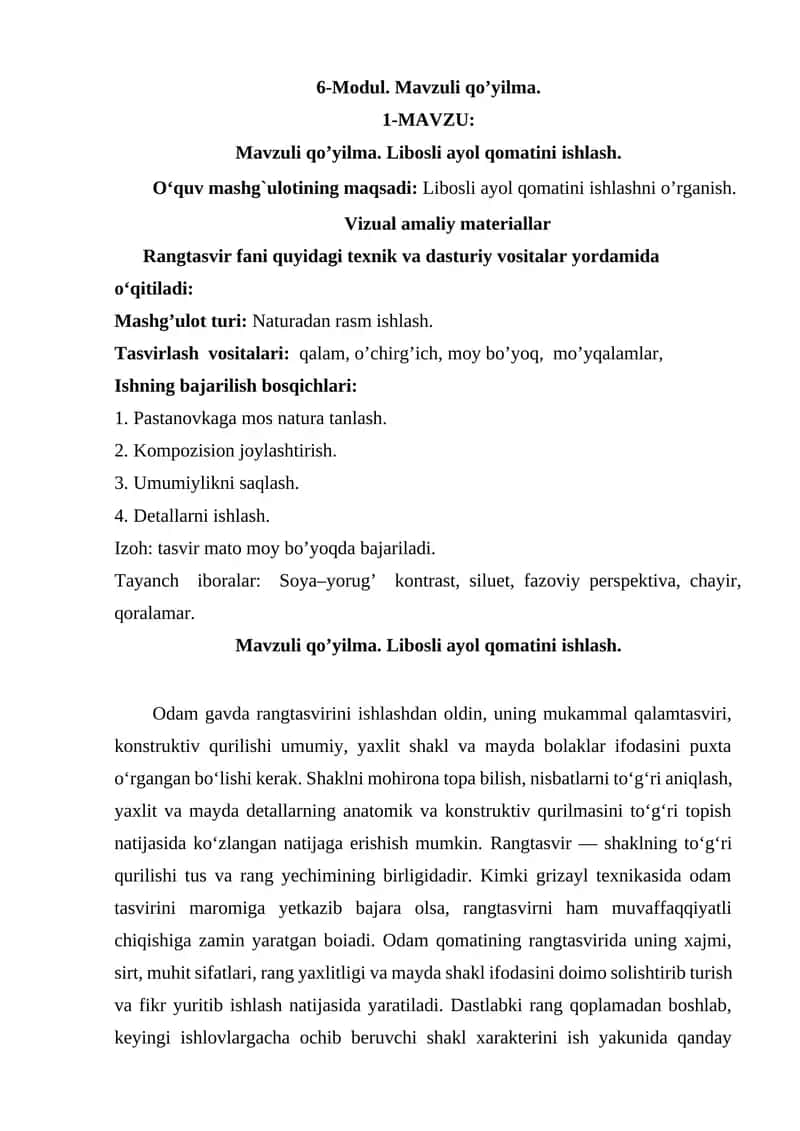 Mavzuli qo’yilma. Libosli ayol qomatini ishlash 1