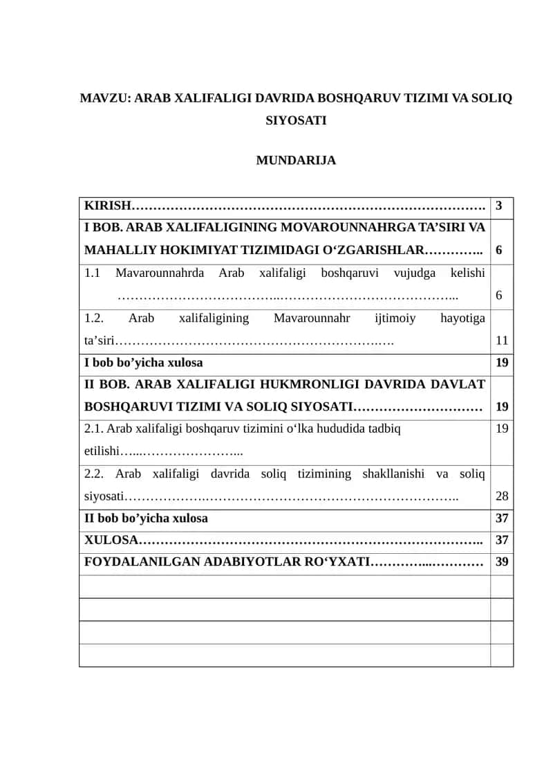 ARAB XALIFALIGI DAVRIDA BOSHQARUV TIZIMI VA SOLIQ SIYOSATI 1