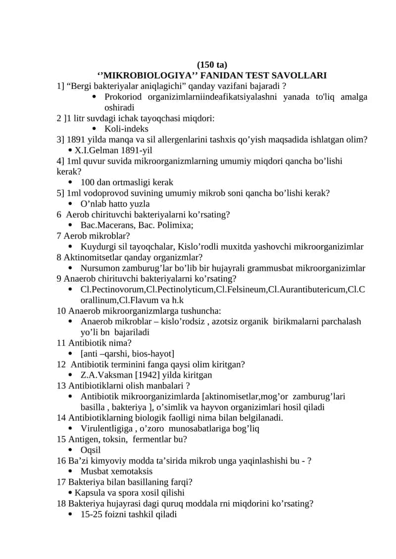 MIKROBIOLOGIYA FANIDAN TEST SAVOLLARI 1
