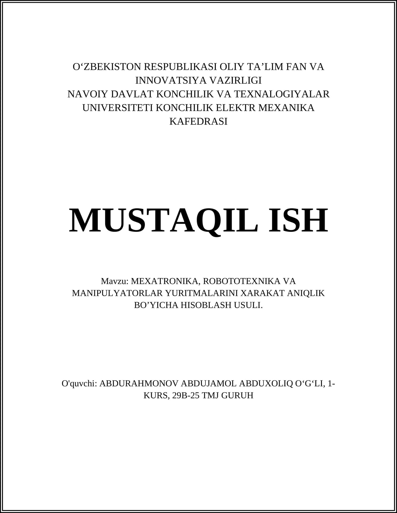 Kinematika va Teskari Kinematika Harakat Aniqligi Bo‘yicha Hisoblash Usullari 1