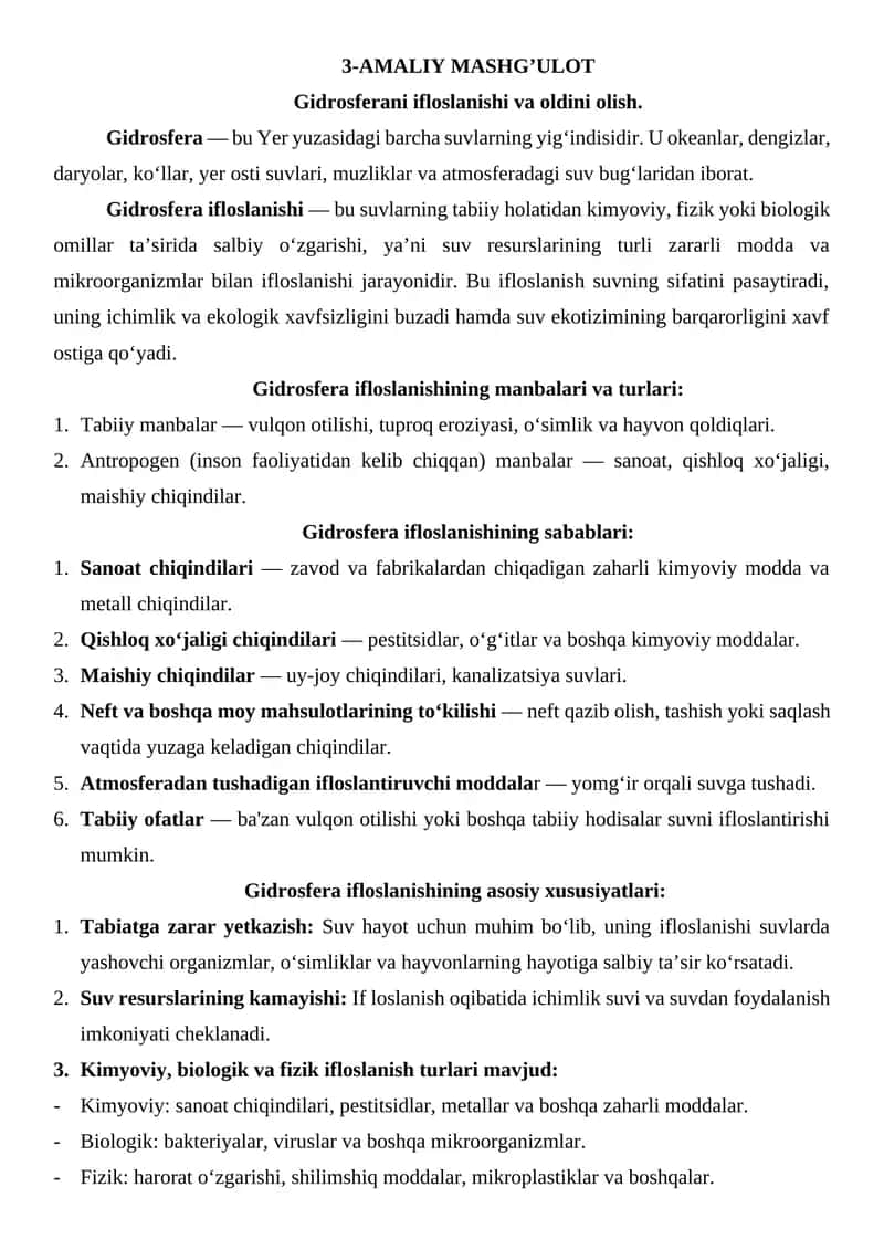 Gidrosfera ifloslanishi va oldini olish 1
