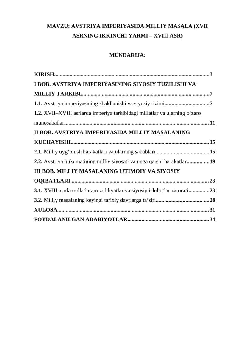 AVSTRIYA IMPERIYASIDA MILLIY MASALA (XVII ASRNING IKKINCHI YARMI – XVIII ASR) 1