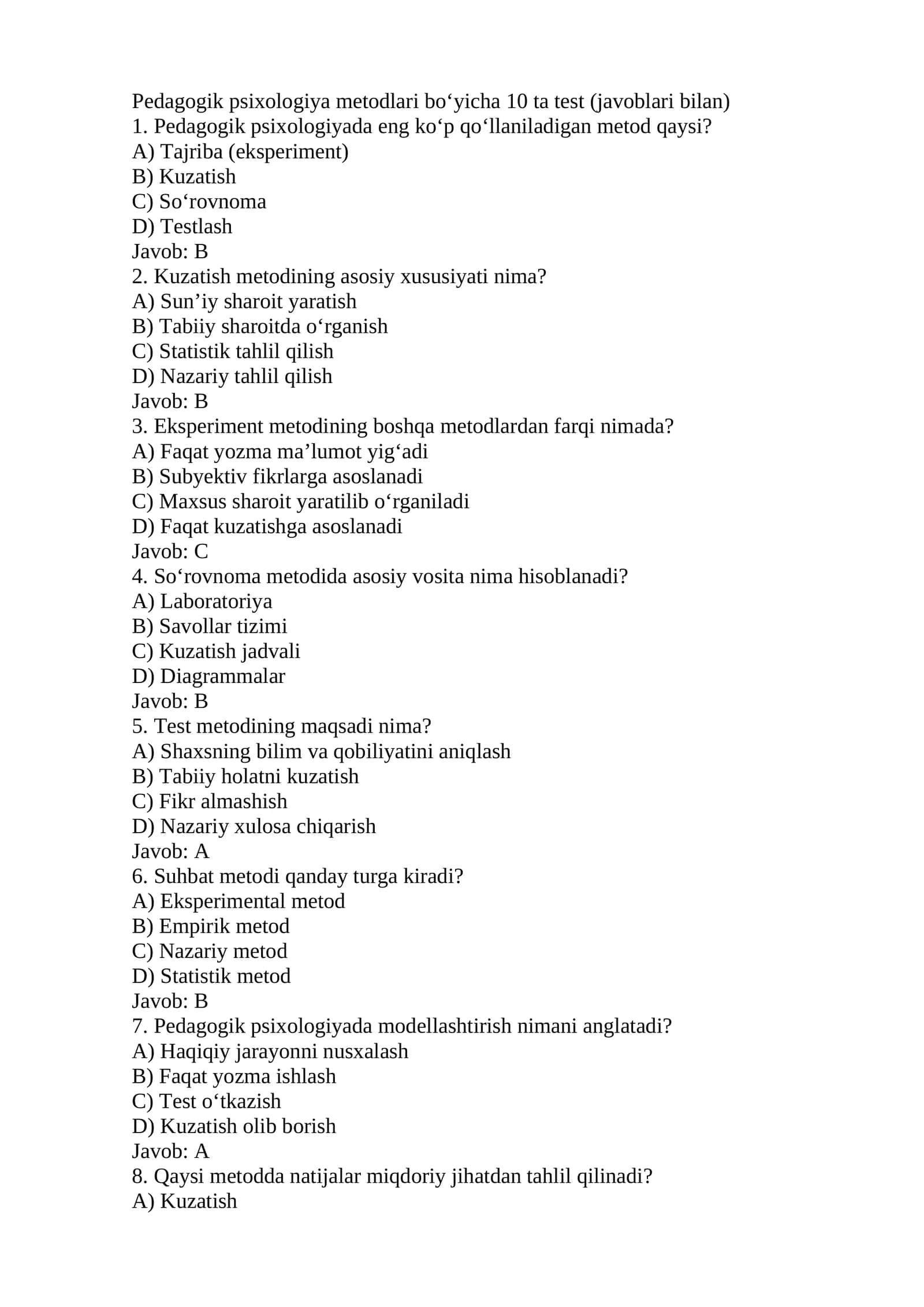 Pedagogik psixologiya metodlari bo‘yicha 10 ta test (javoblari bilan) 1