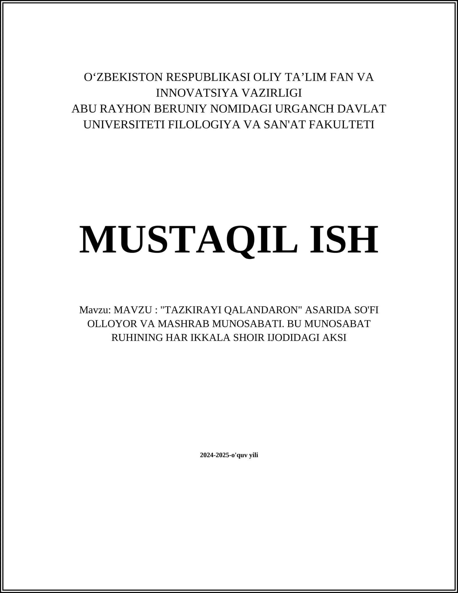 "TAZKIRAYI QALANDARON" ASARIDA SO'FI OLLOYOR VA MASHRAB MUNOSABATI. BU MUNOSABAT RUHINING HAR IKKALA SHOIR IJODIDAGI AKSI 1