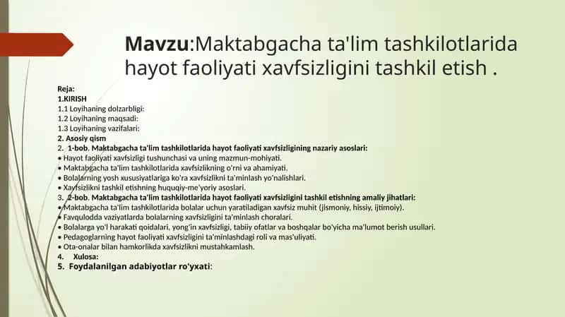 Maktabgacha ta'lim tashkilotida hayot faoliyati xavfsizligini tashkil etish 1