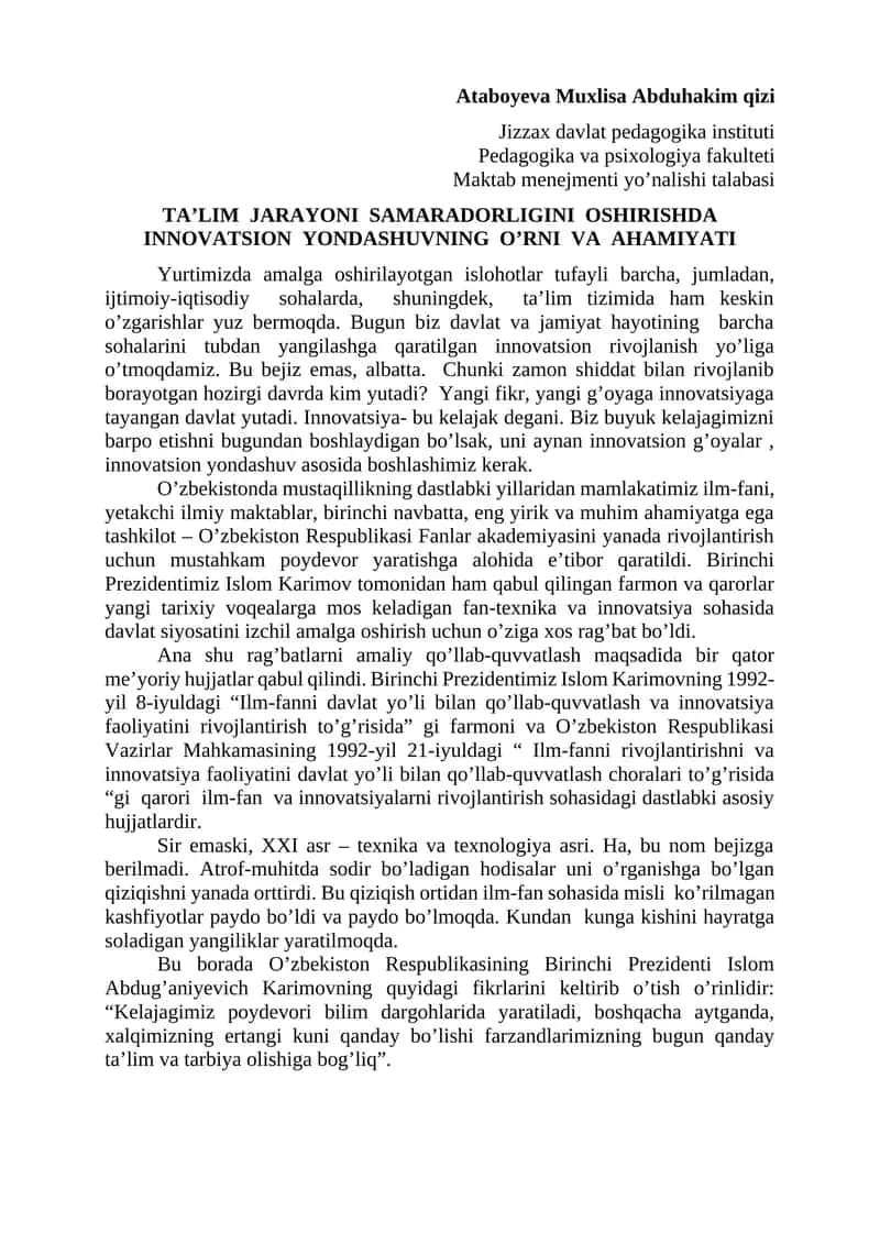 TA’LIM JARAYONI SAMARADORLIGINI OSHIRISHDA INNOVATSION YONDASHUVNING O’RNI VA AHAMIYATI 1