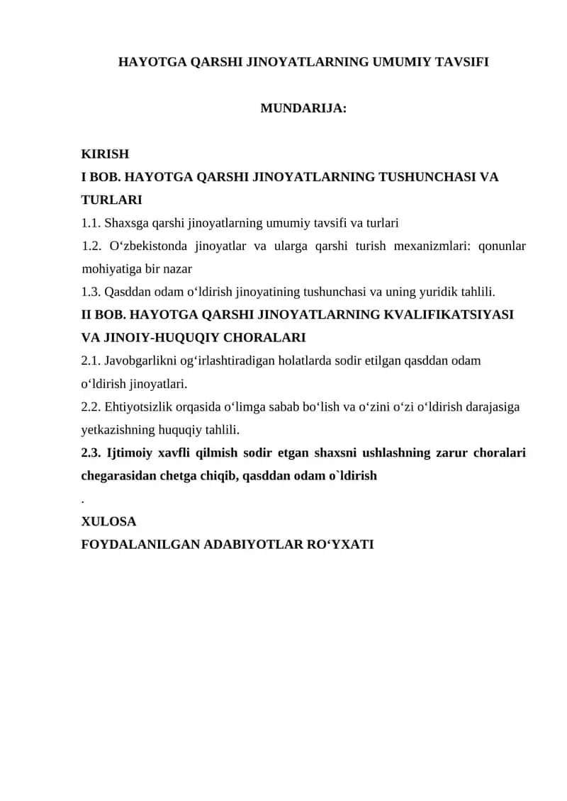 HAYOTGA QARSHI JINOYATLARNING UMUMIY TAVSIFI 1