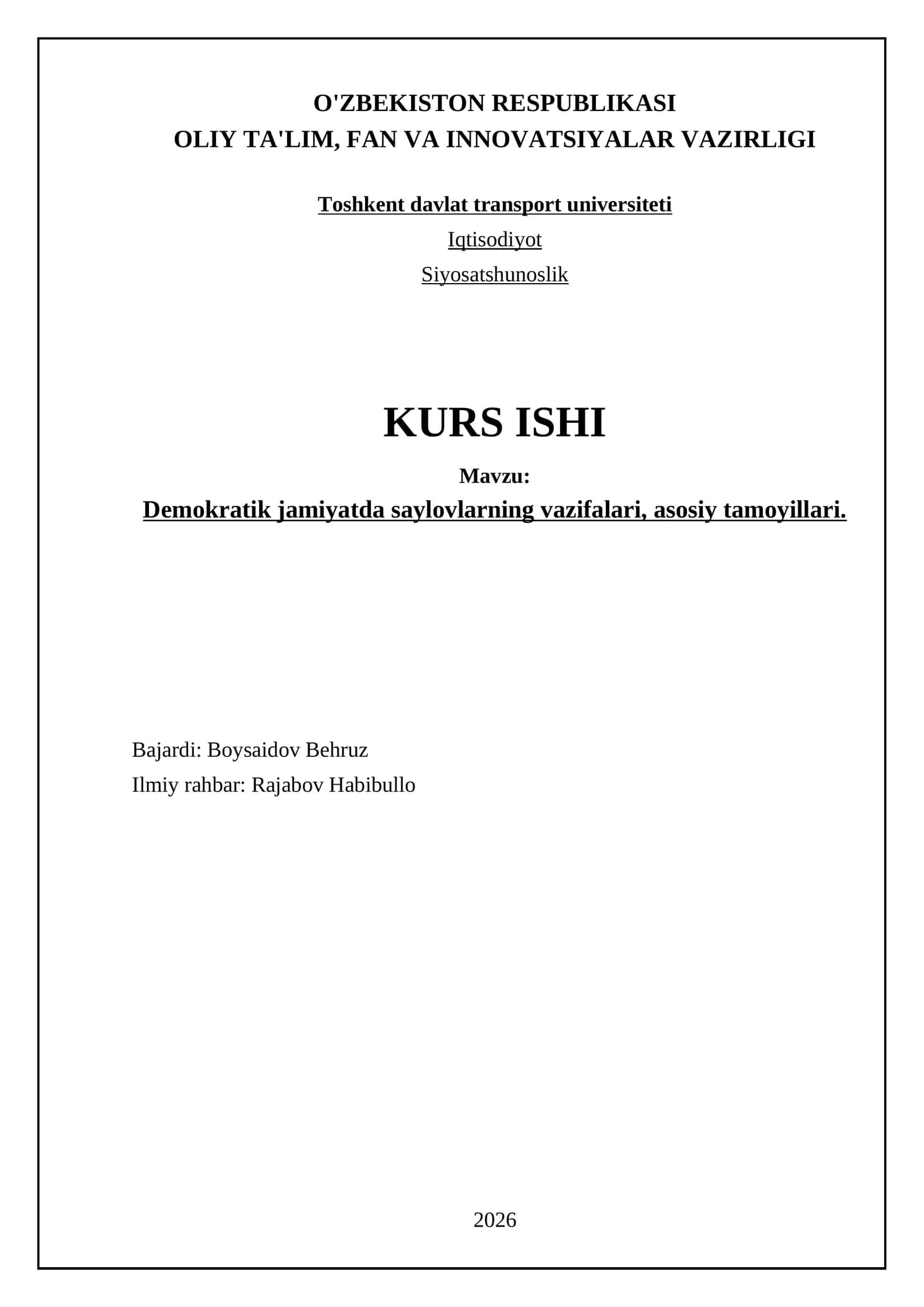 Demokratik jamiyatda saylovlarning vazifalari, asosiy tamoyillari 1