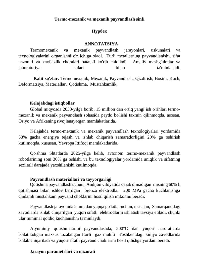 Termo-mexanik va mexanik payvandlash sinfi 1