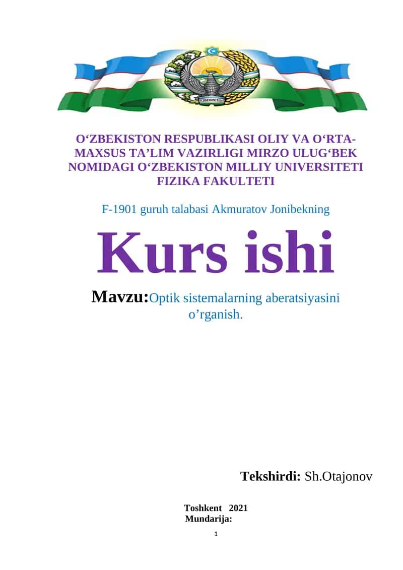 Optik sistemalarning aberatsiyasini o’rganish 1
