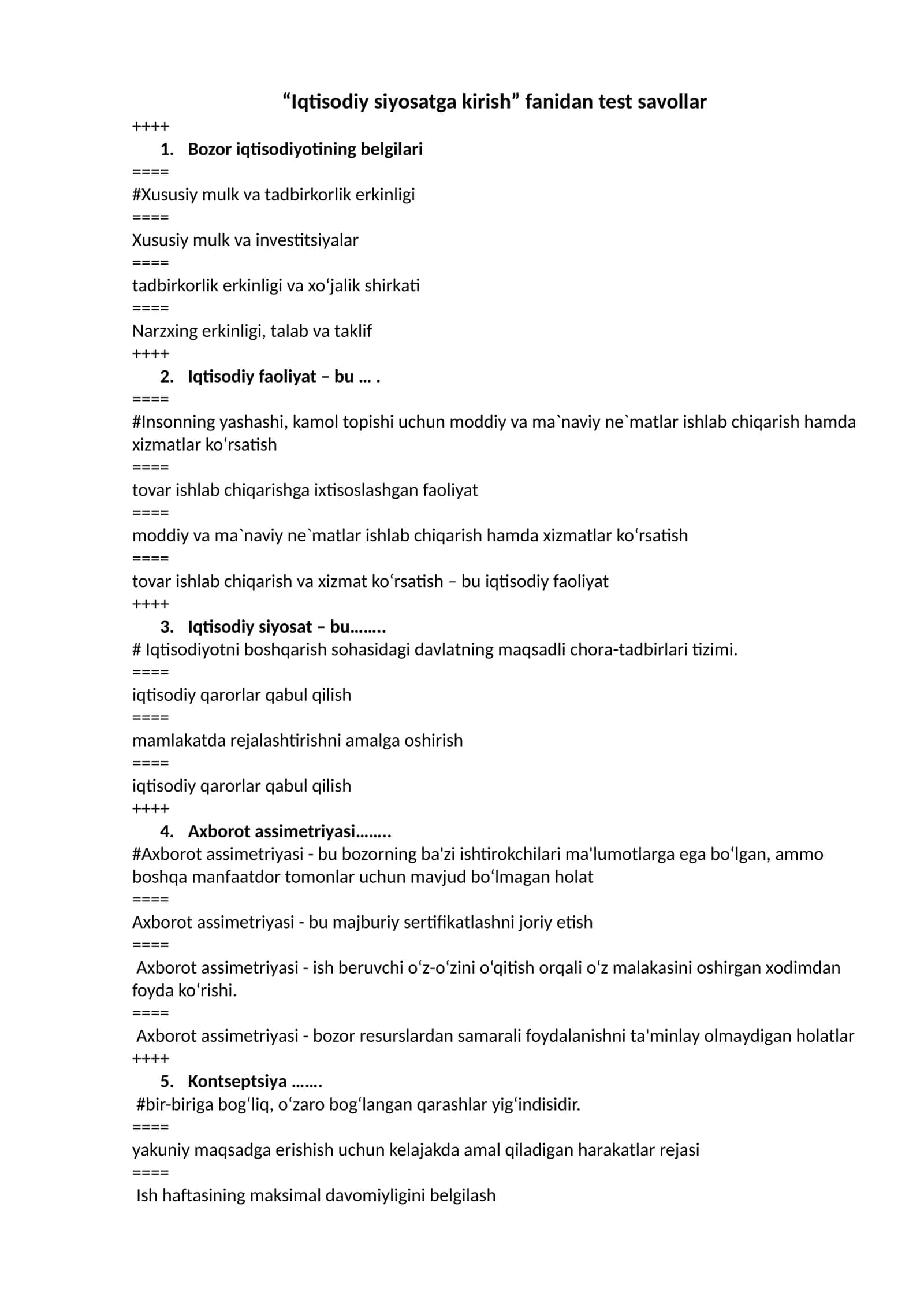 Iqtisodiy siyosatga kirish fanidan test savollar 1