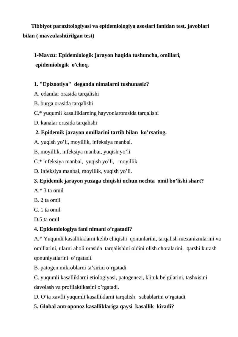 Tibbiyot parazitologiyasi va epidemiologiya asoslari fanidan test, javoblari bilan ( mavzulashtirilgan test) 1