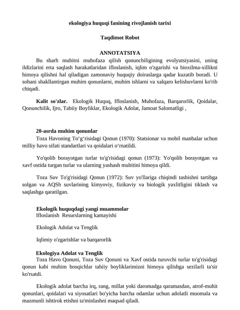 Ekologiya huquqi fanining rivojlanish tarixi 1