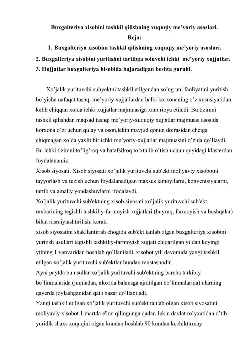 Buxgalteriya xisobini tashkil qilishning xuquqiy me’yoriy asoslari. 1