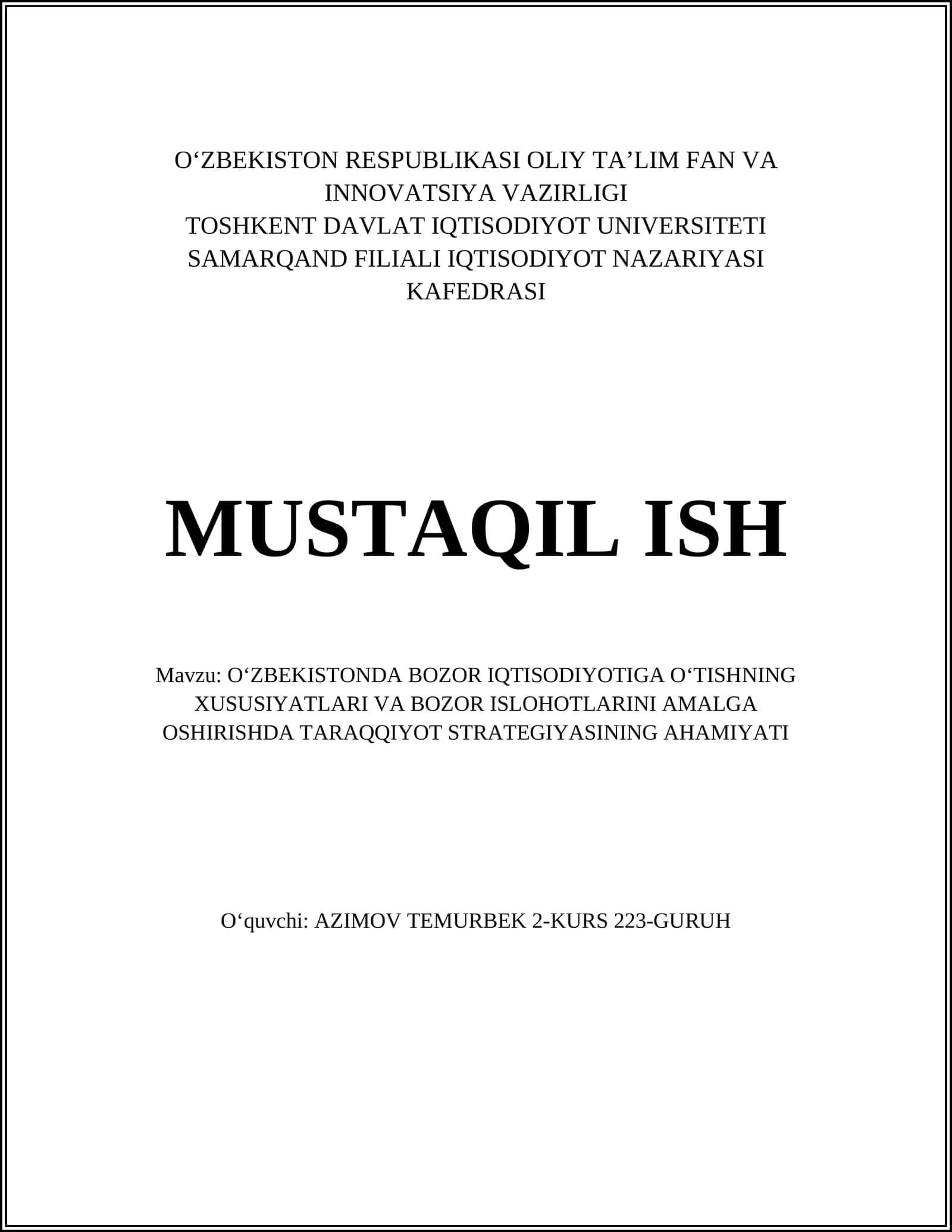 Oʻzbekistonda Bozor Iqtisodiyotiga Oʻtish Tarixi 1