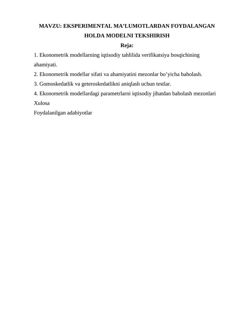 EKSPERIMENTAL MA’LUMOTLARDAN FOYDALANGAN HOLDA MODELNI TEKSHIRISH 1