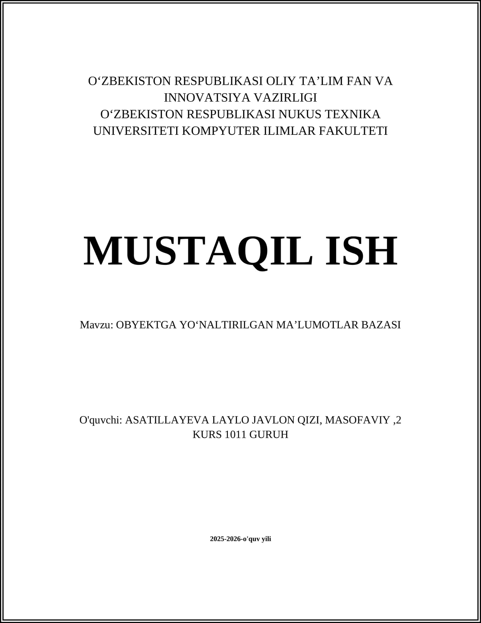 OBYEKTGA YOʻNALTIRILGAN MAʼLUMOTLAR BAZASI 1