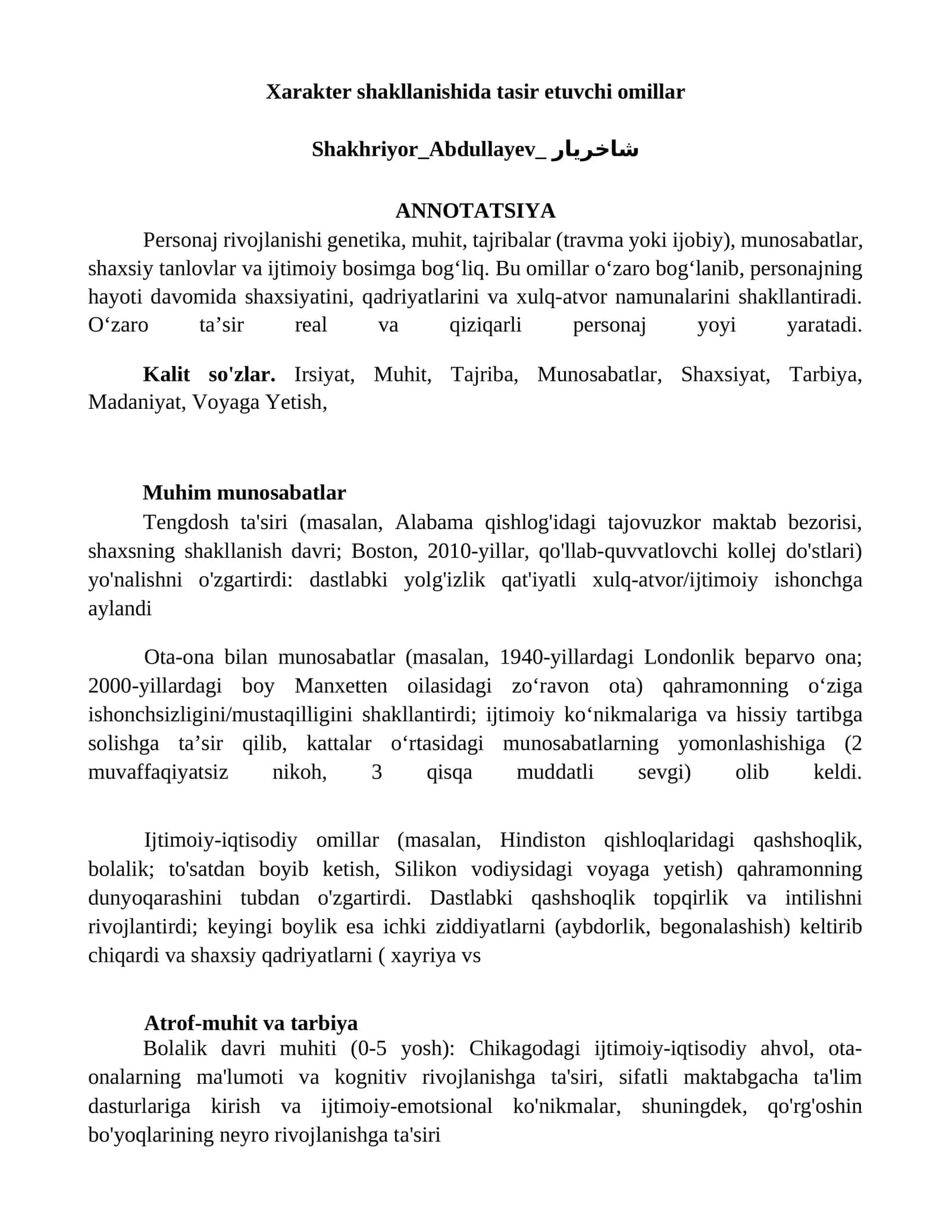Xarakter shakllanishida tasir etuvchi omillar 1
