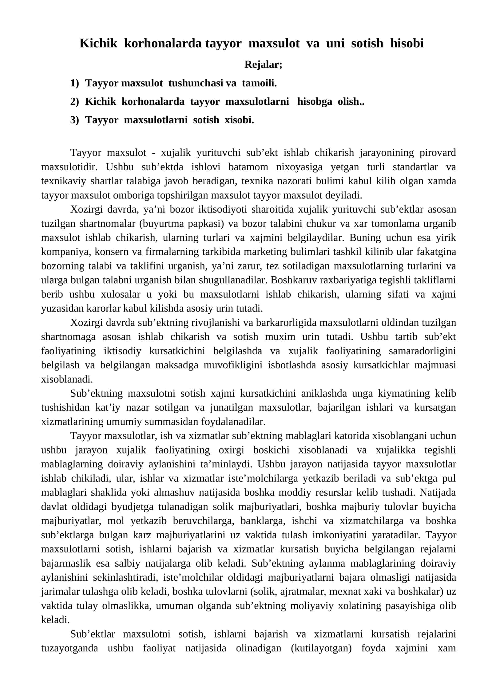 Kichik korxonalarda tayyor mahsulot va uni sotish hisobi 1