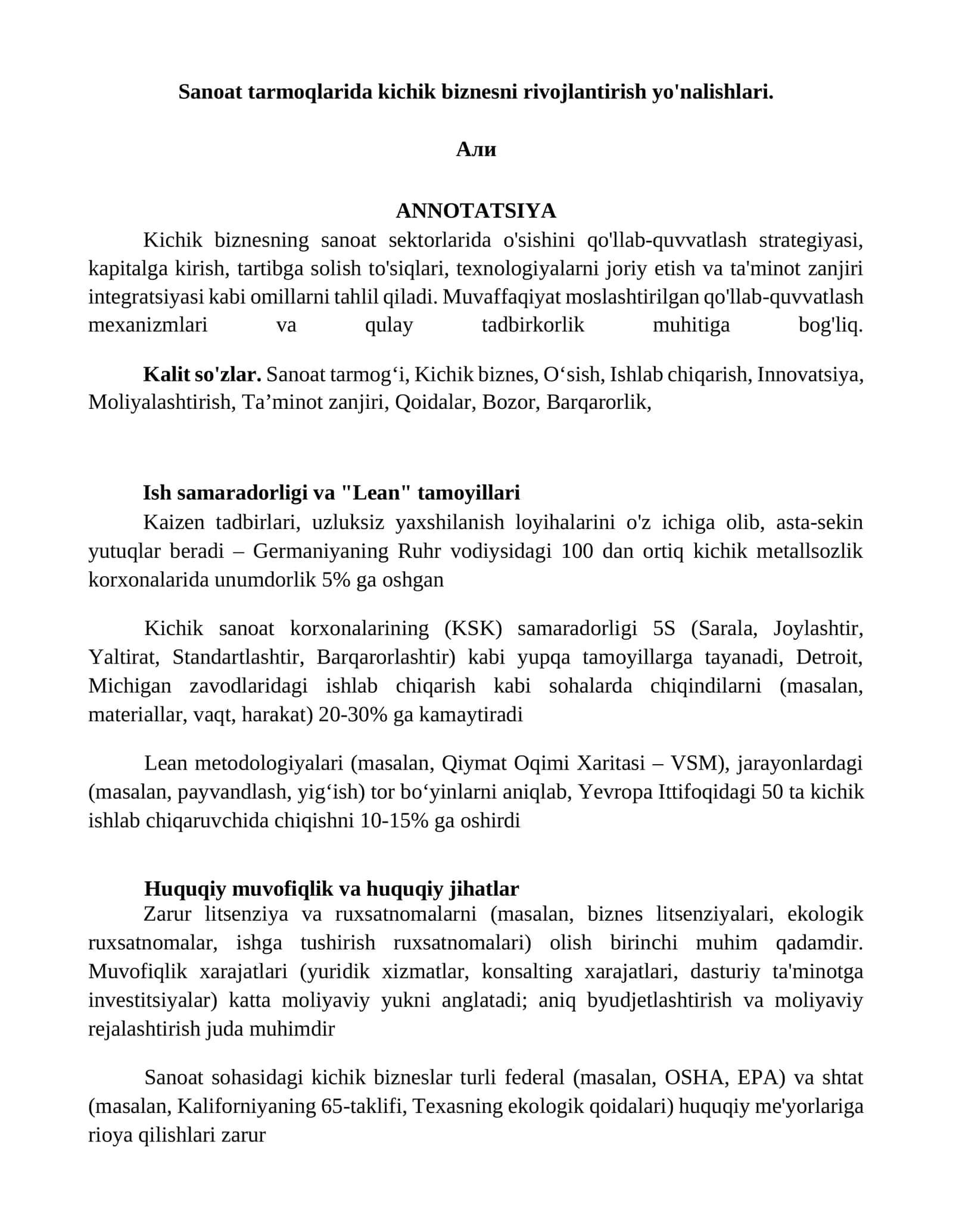 Sanoat tarmoqlarida kichik biznesni rivojlantirish yo'nalishlari 1