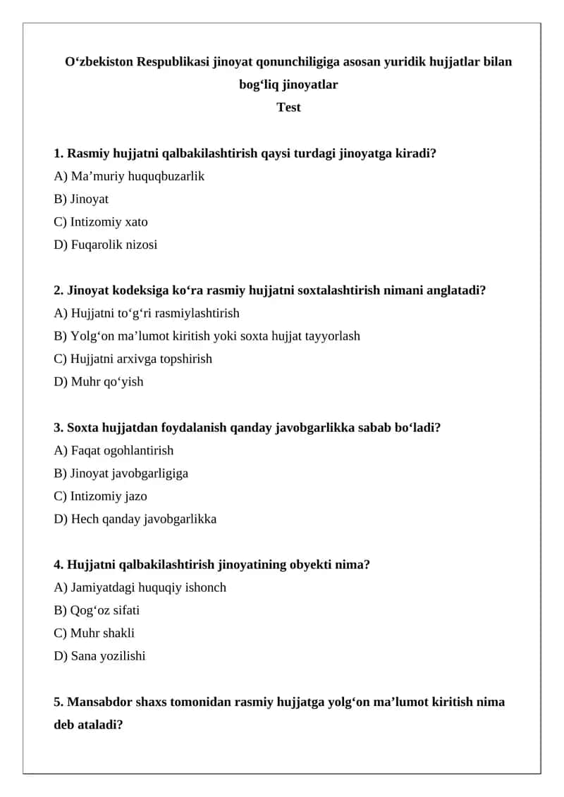 O‘zbekiston Respublikasi jinoyat qonunchiligiga asosan yuridik hujjatlar bilan bog‘liq jinoyatlar 1