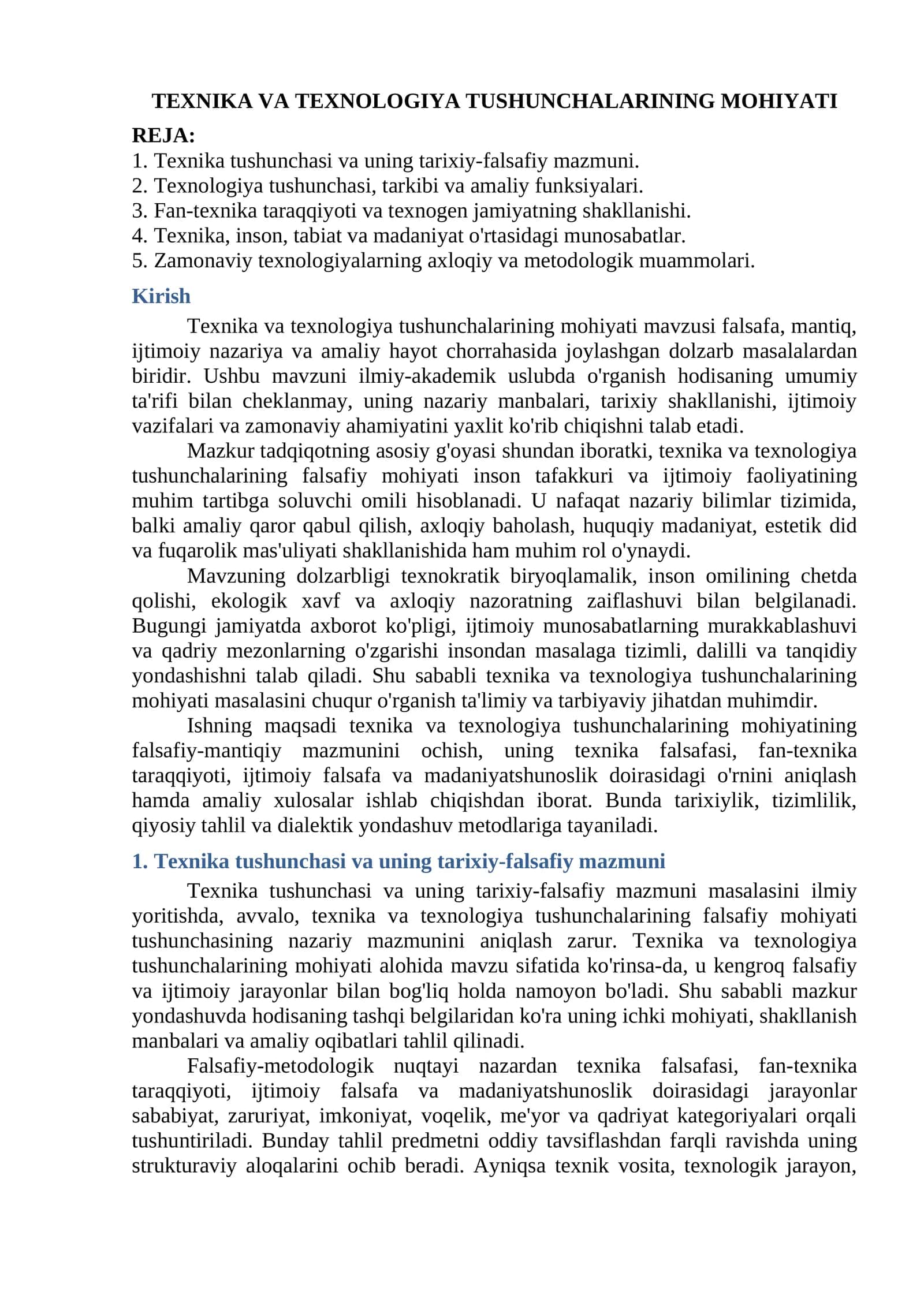Texnika va texnologiya Tushunchalarining Mohiyati 1
