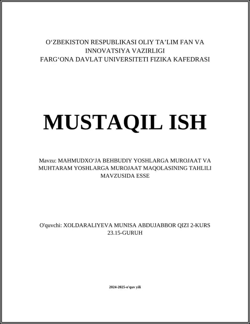"MAHMUDXO'JA BEHBUDIY YOSHLARGA MUROJAAT VA MUHTARAM YOSHLARGA MUROJAAT MAQOLASINING TAHLILI" 1