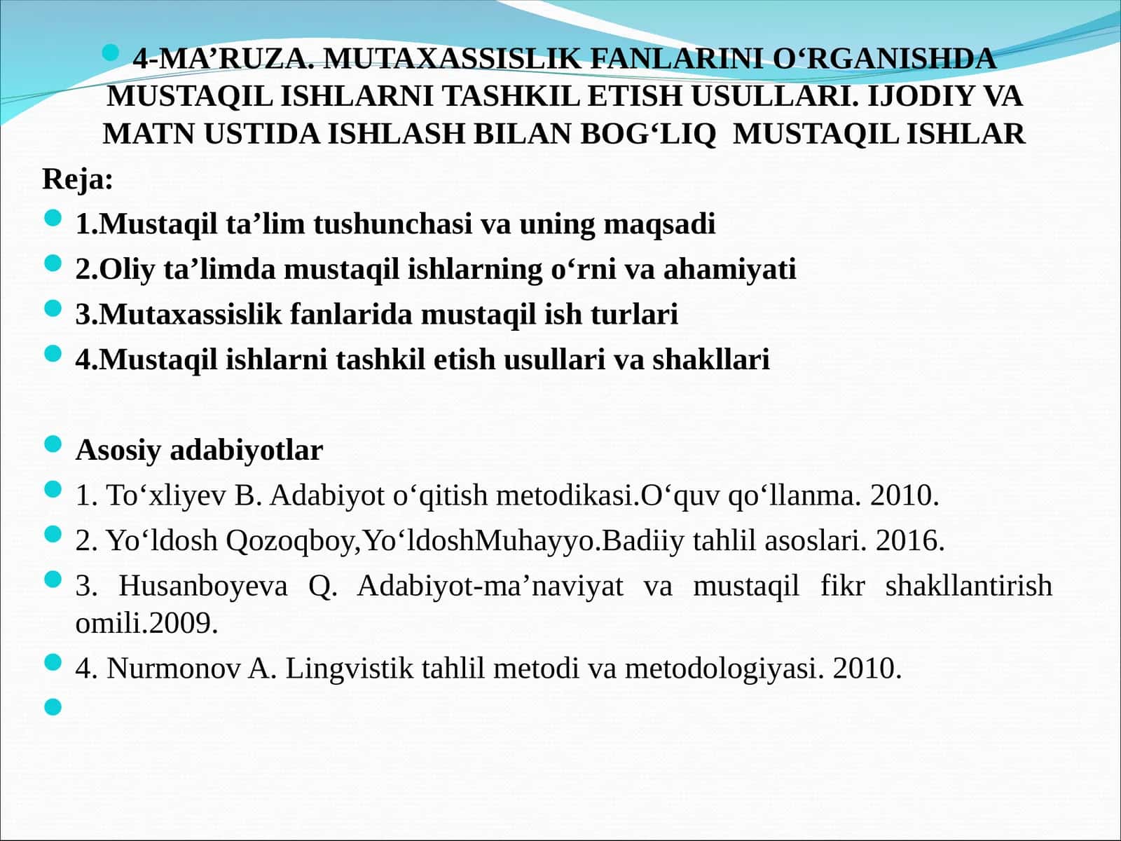 MUTAXASSISLIK FANLARINI O‘RGANISHDA MUSTAQIL ISHLARNI TASHKIL ETISH USULLARI. IJODIY VA MATN USTIDA ISHLASH BILAN BOG‘LIQ MUSTAQIL ISHLAR 1